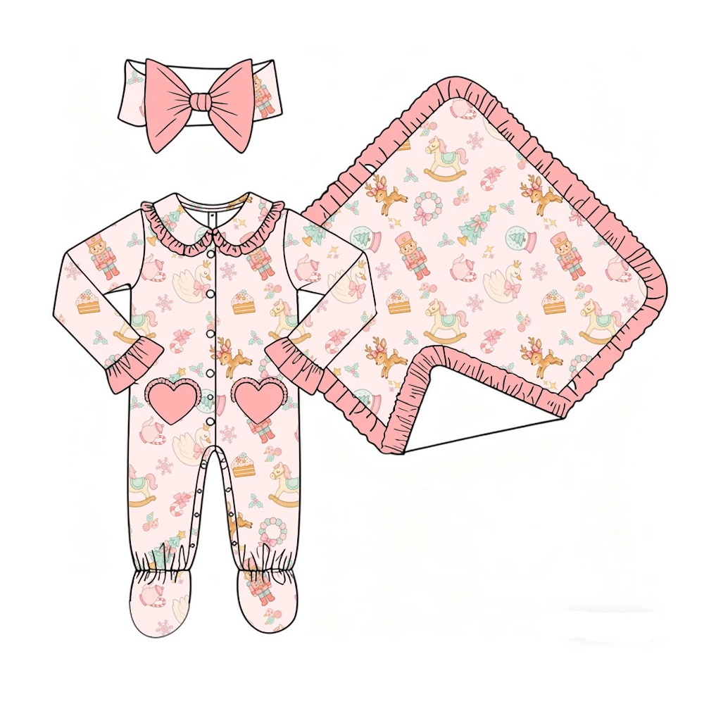 Boutique Girls' Blanket and Romper Lapel Ruffle Buttons Love Pocket Binding Feet Rocking Horse Bow Cup and Christmas tree Print
