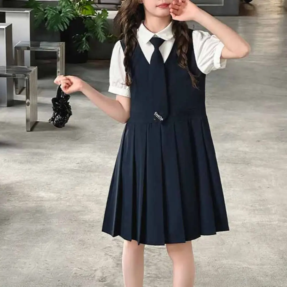

Elegant Pleated Kids Fake Two Dress Short Sleeve Teenagers Summer Girls Dresses Skirts Preppy Style Children A-line Dress Girl