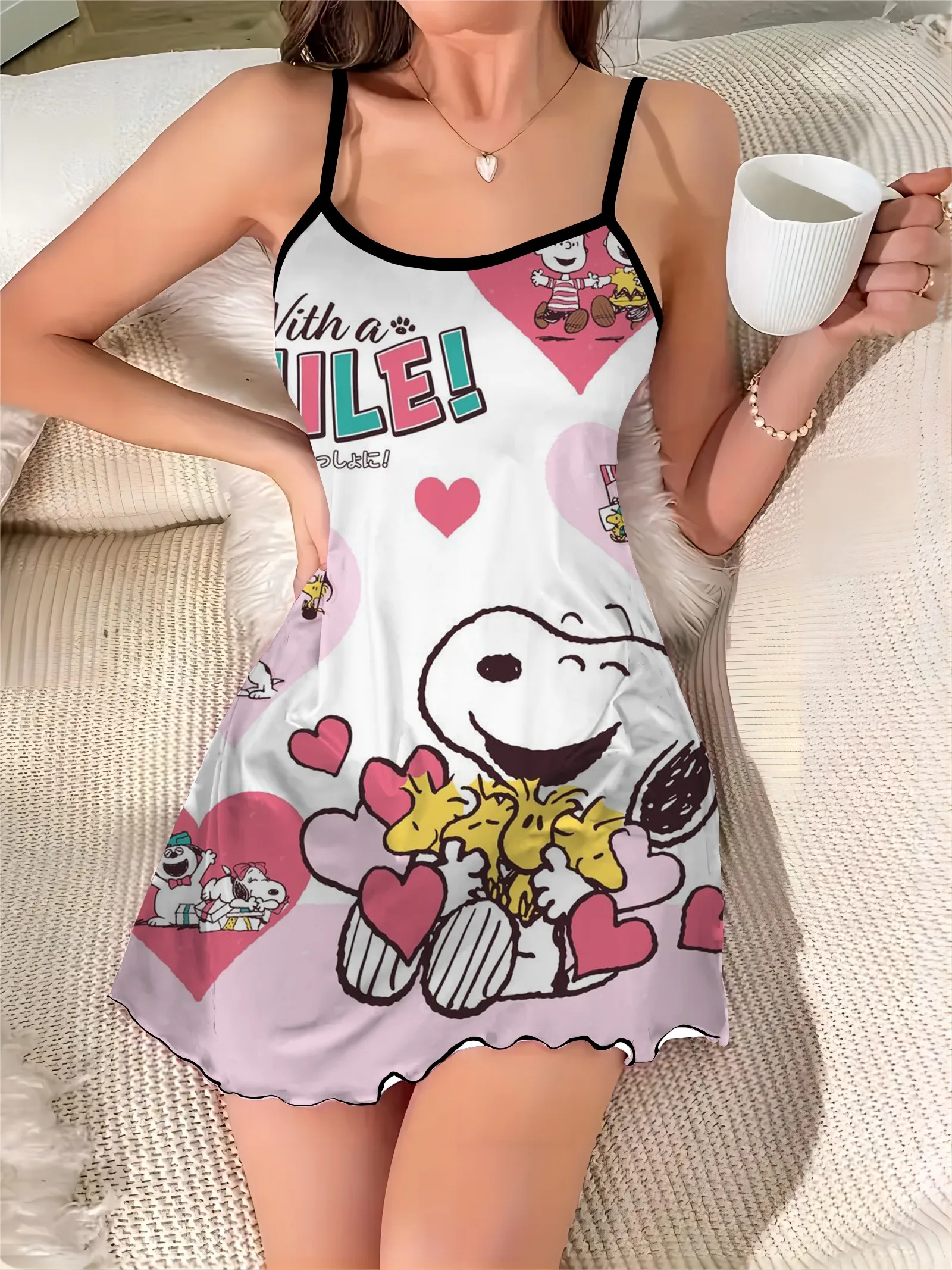 Lattuga Trim girocollo Snoopy vestito Sexy abiti eleganti per le donne moda estate 2024 Chic Mini raso Trim collo Slip Dress Home