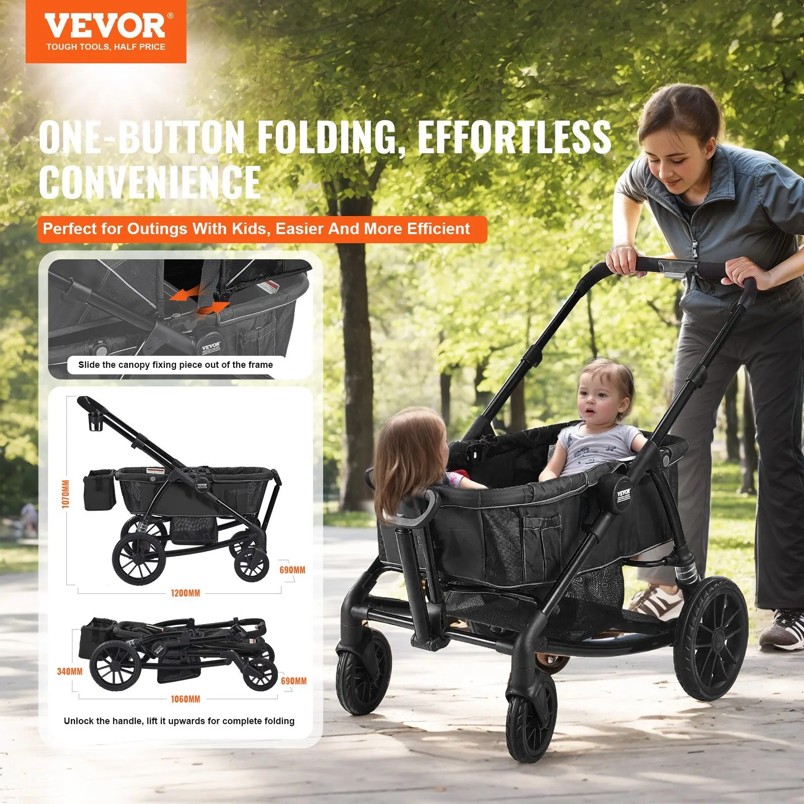 Expedition Collapsible Black Foldable 2-in-1 Includes Canopy All-Terrain Stroller Wagon Wagon Stroller 55lbs 2 Seats