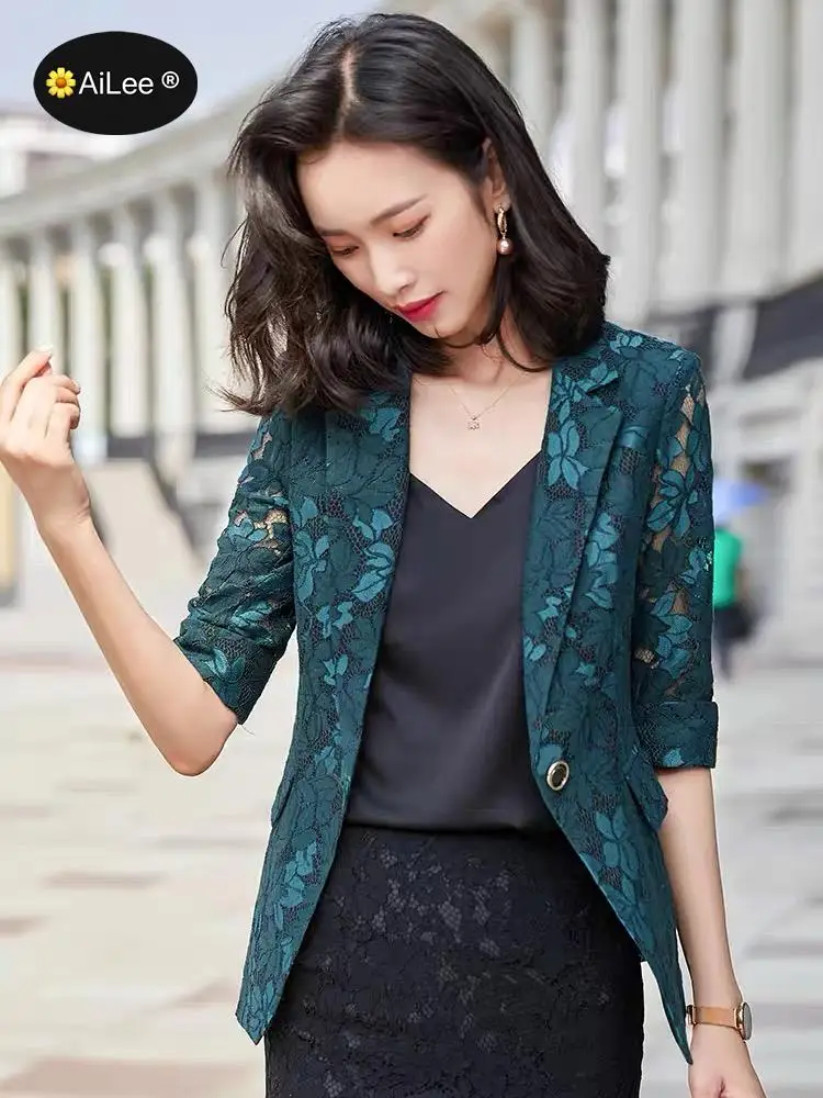 Lady Mujer Elegant Office Lady Blazer Slim Summer Thin Print Coat Formal Work Office Business Top Green 3/4 Sleeve Luxury Jacket