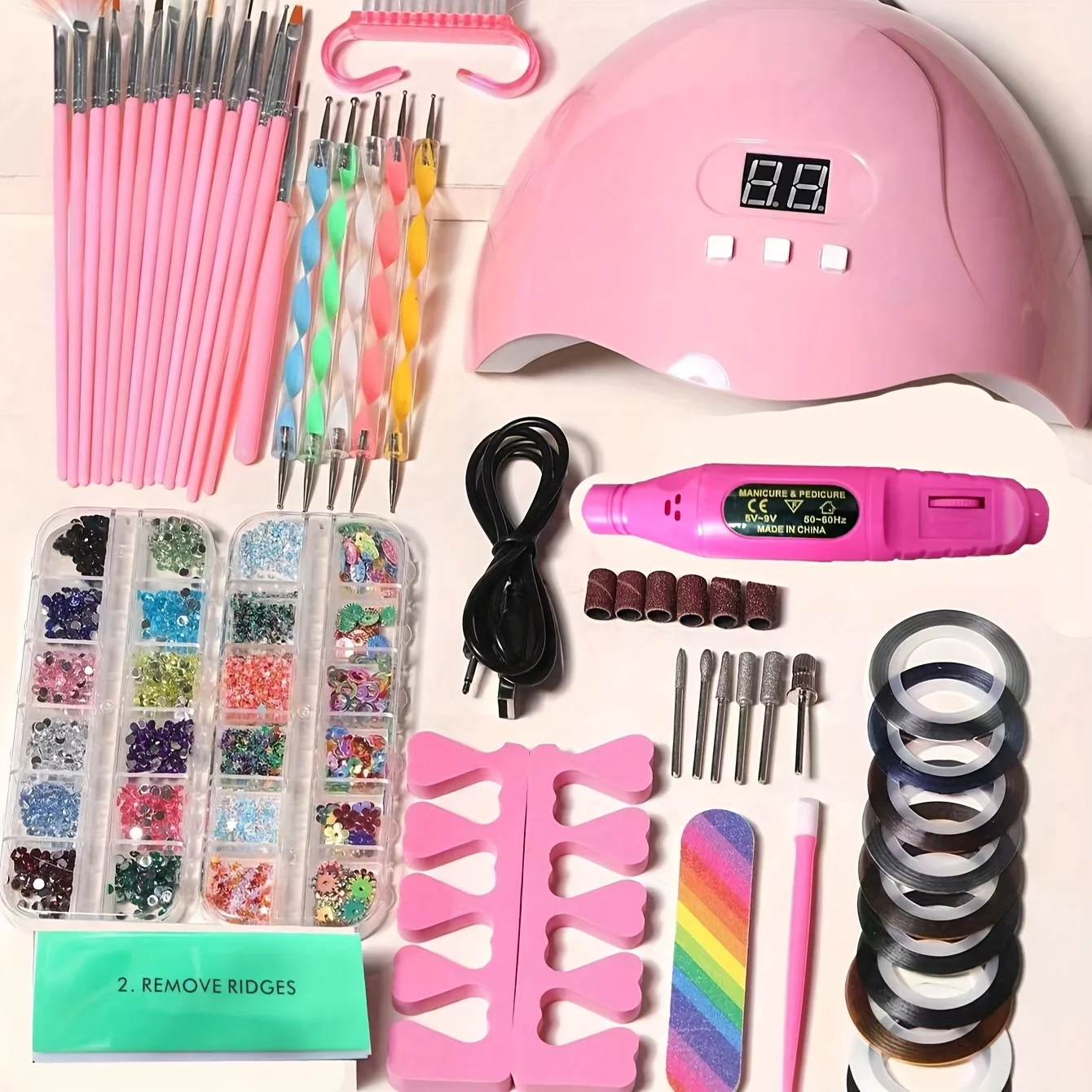 72-in-1 Stainless Steel Nail Art Tool Set With LED Nail Lamp, Glue Drying Machine, Nail Polisher, nail polish brush, Nail Art Drill Pen, Finger Divider, Gel Nail Polish Kit, Nail Art Accessories, Manicure Kit, Makeup Tools, Holiday Gifts