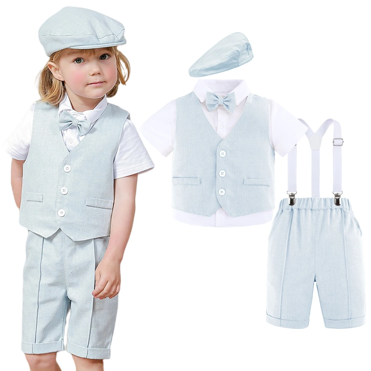 Toddler Boys Wedding Suit Baptism Ring Bearer Outfit Baby Christening Birthday Party Gift Costume Short Overall Sets 4PCS