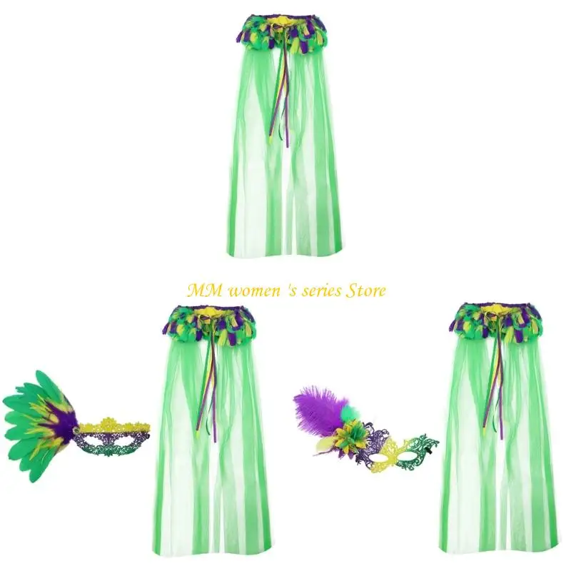 Q39C 2Pcs Mardi Gras Costume Accessory Set Mardi Gras Outfit Mardi Gras Shawl Lace Masquerades Mask for Women