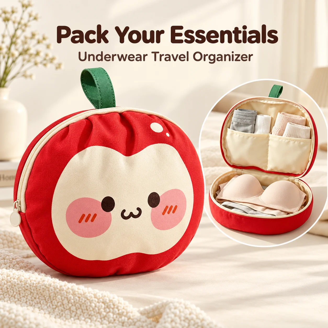 Large Capacity Travel Underwear Storage Bag with Compartments, Foldable Cartoon Bra and Sock Organizer, Polyester 25 x 23 cm