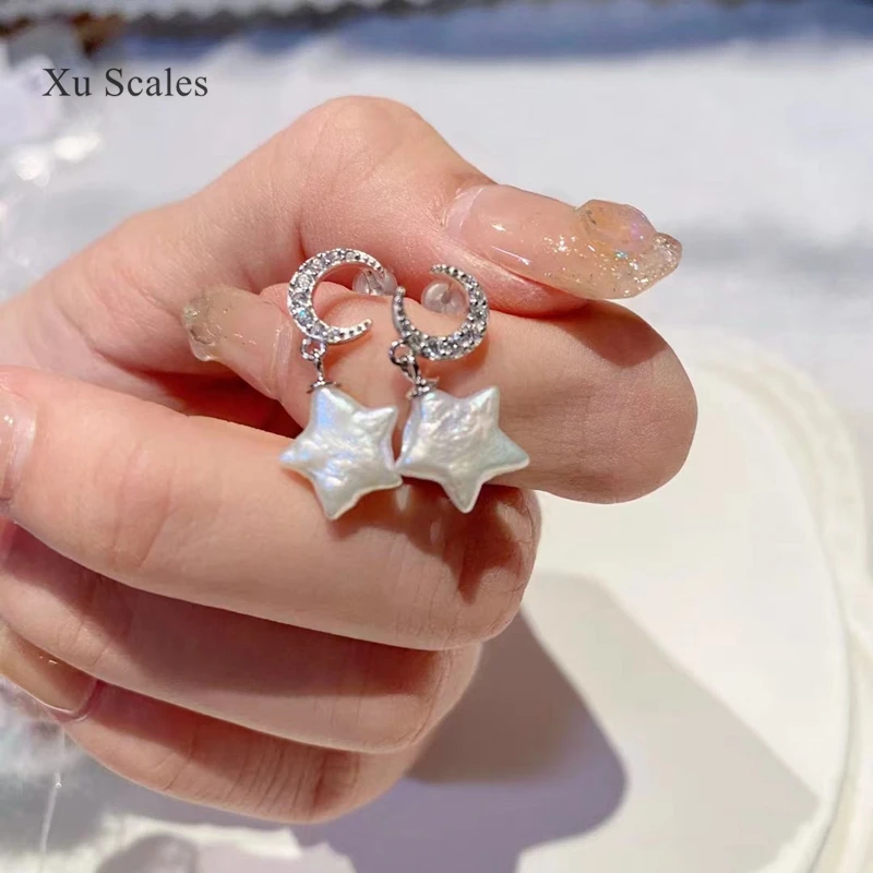 100% naturalne słodkowodne nieregularne gwiazda Pearl S925 ze srebra wysokiej próby z cyrkonią księżyc barokowe kolczyki romantyczny dopasowanie biżuteria prezent