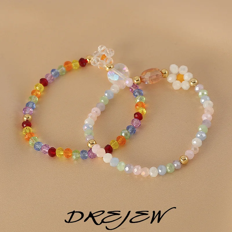 

DREJEW Dopamine Colored Crystal Heart Flower Bead Bracelet for Women Simple Temperament Trendy Sweet Girl's Heart Jewelry