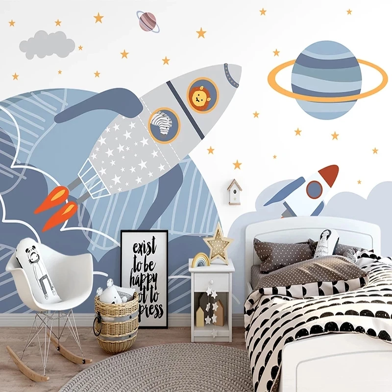 Custom Wallpaper 3D Nordic Hand Drawn Space Rocket Cartoon Children's Room Mural Living room TV background bedroom restaurant 8d