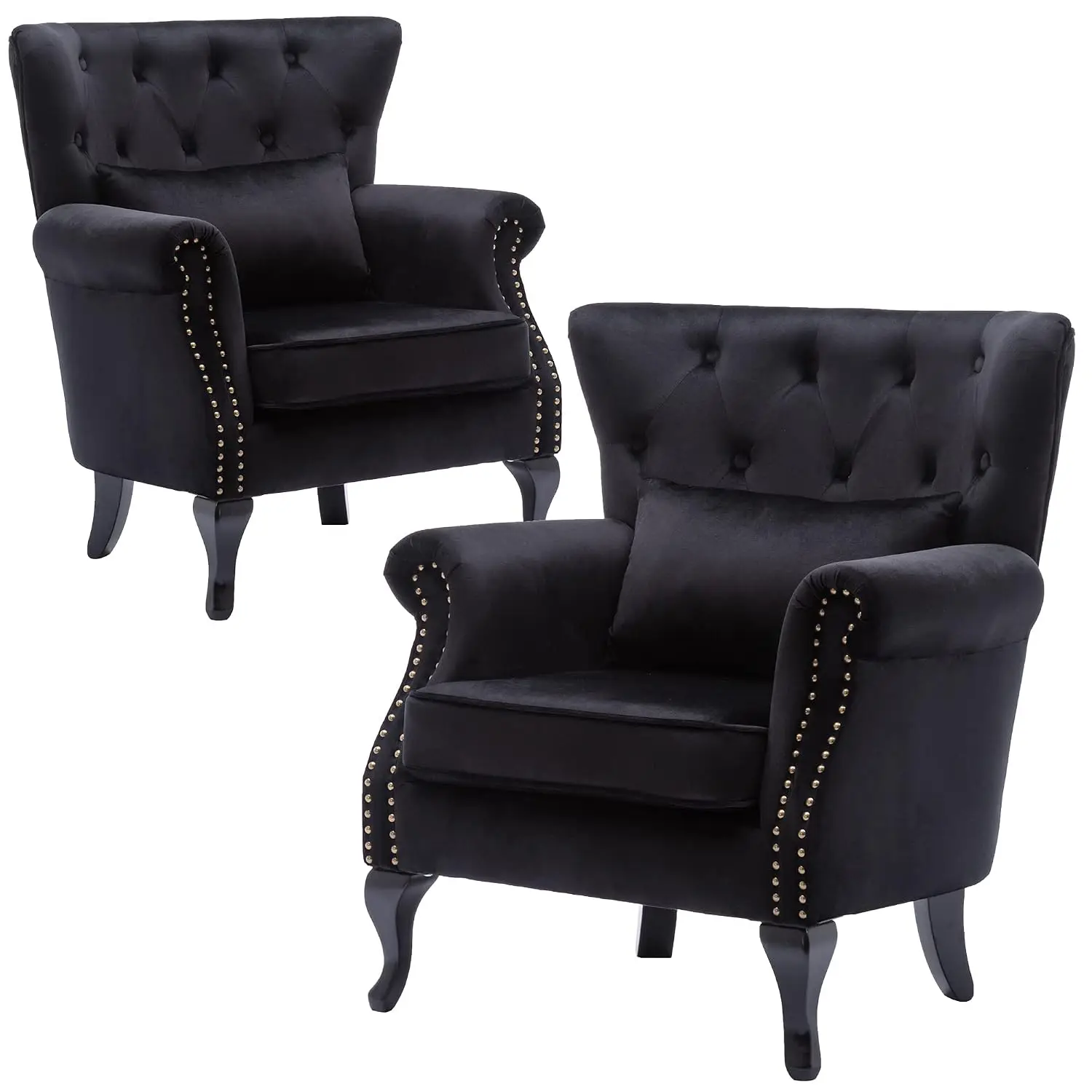 Velvet Accent Chair Set of 2 w/Tufted Back & Wood Legs, Upholstered Lounge Sofa for Living Room Bedroom, Black, Customized