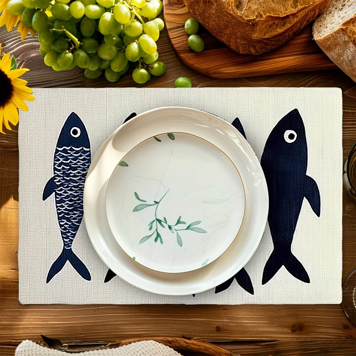 Nordic Coastal Fish Pattern Heat Resistant Washable Table Placemats Kitchen Dining Party Decor 4 Piece Set