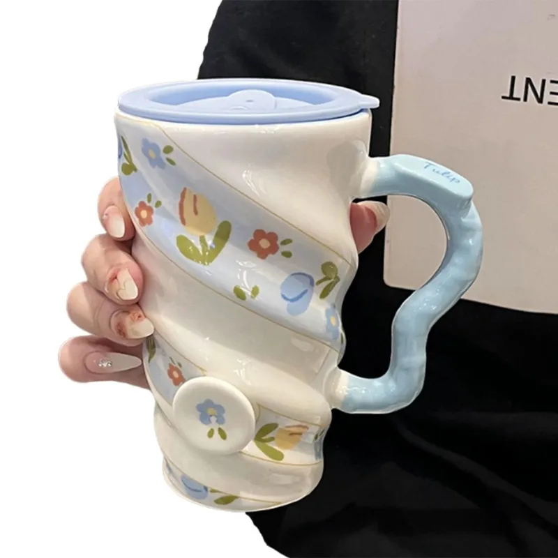 

Ceramic Coffee Mug Tulip Print Twisted Water Cup with Lids Travel Tea Mug for Home Kitchen Decoration