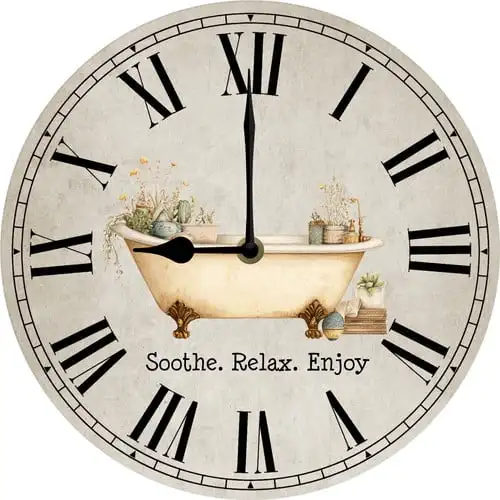 Relax Enjoy Old Bath House Wall Clock Rustic Bathroom Décor Farmhouse Home Decor for Restroom Toliet Washroom Battery