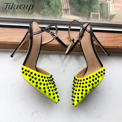 Tikicup Black Spikes on Lemon Green Women Ankle Strap Slingbacks High Heel Shoes Summer Sexy Stiletto Pumps Plus Size 33-45