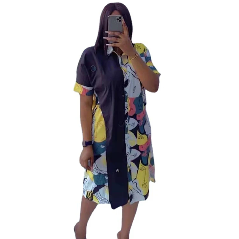 

African Shirt Dress Women Single Breasted Short Sleeve Africa Clothing Summer New Print Patchwork Casual Long African Dress 2023