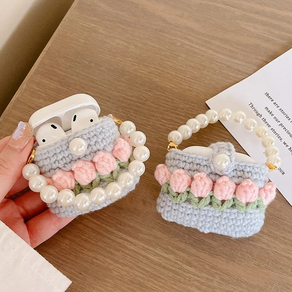 

Earphone Case for Apple AirPods 2 Pro Knitted Tulip Flower Pearl Chain Headset Charging Box Cute Soft Cover for Air pods 3 funda