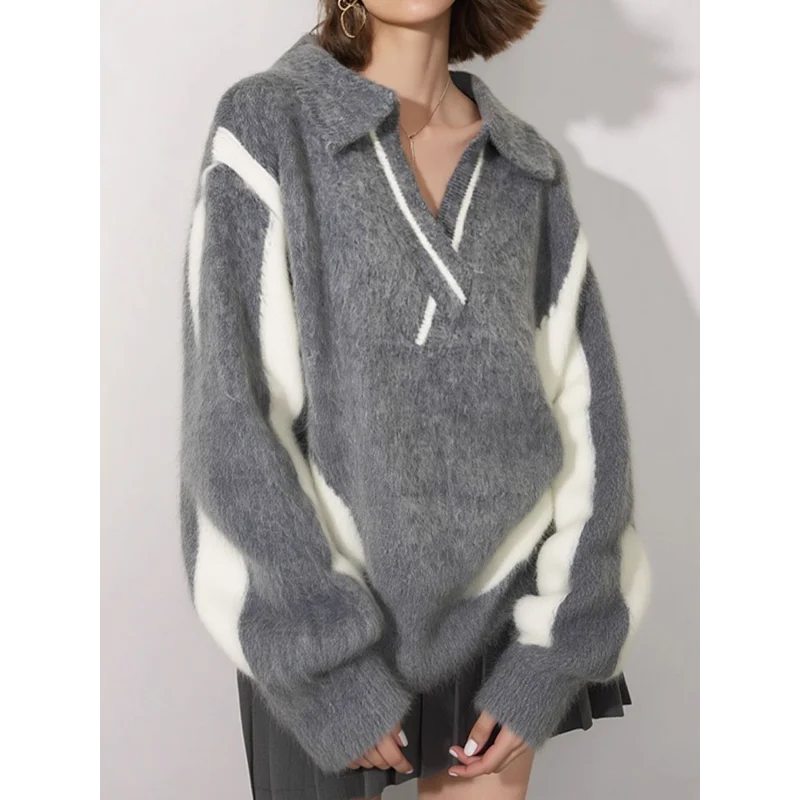 

Gray Lapel Long Sleeve Sweater Women's New Autumn Korean Style Lazy Style Loose Pullover Top
