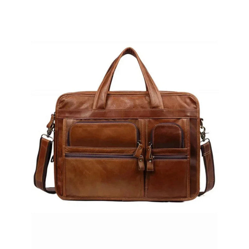 Maletín de cuero genuino para hombre, de gran capacidad bolso de viaje, informal, de piel de vaca, bandolera para ordenador portátil de 15,6 pulgadas