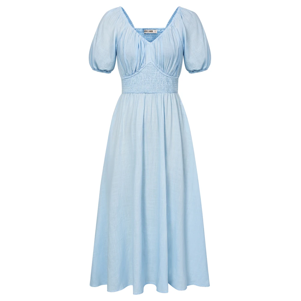 GK Damen Maxikleid, hellblaue Baumwolle, kurzärmelig, V-Ausschnitt, gesmoktes A-Linien-Kleid, hohe Taille, Sommer-Retro-Feiertagskleider