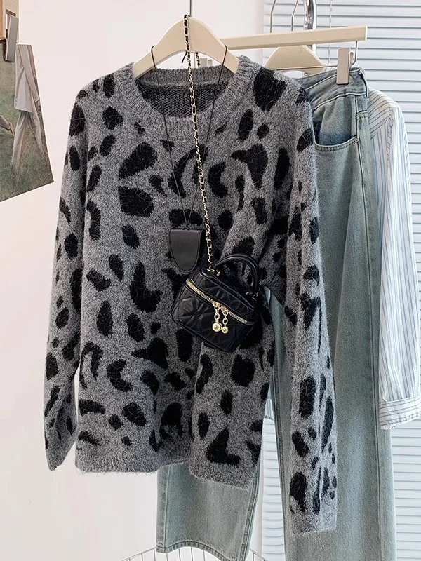 

ay Leopard Print Knitted Sweater Women's Loose Fit Long Sve Warm Top plus Size Slimming Versatile Base Layer irt