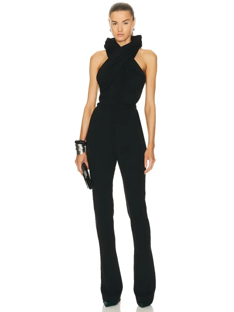 

Women Luxury Sexy Backless Ruched Black Bodycon Jumpsuit 2023 Celebrity Designer High Street Rompers