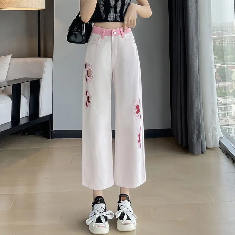 

Women's Hollow Out Embroidered Jeans Summer Thin Ripped Denim Pants 2026 New High Waist Cropped Straight Leg for Petite