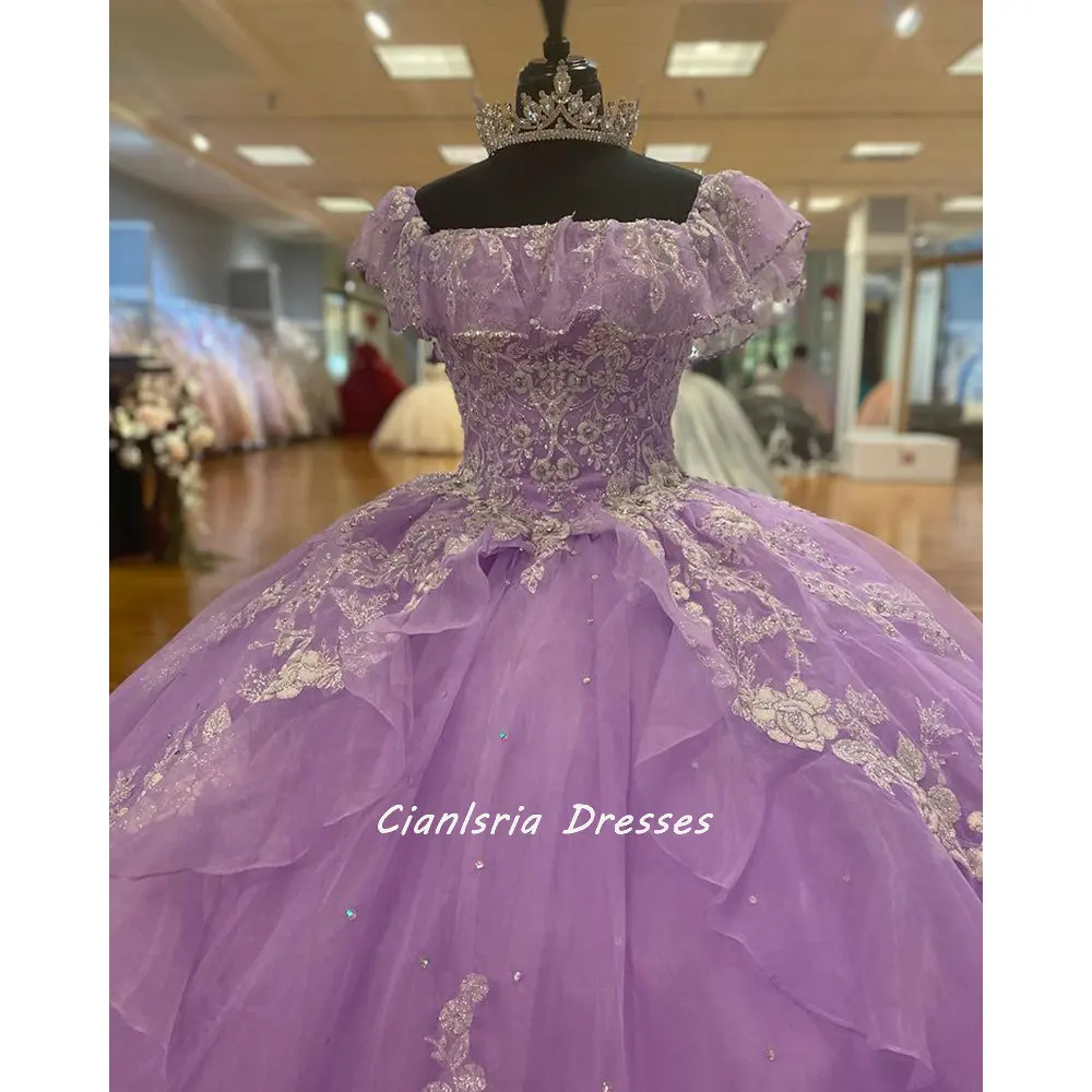 Oải Hương Xù Tầng Váy Quinceanera Đầm Bầu Lệch Vai Appliques Ren Pha Lê Áo Ngọt 15 Đảng Mặc