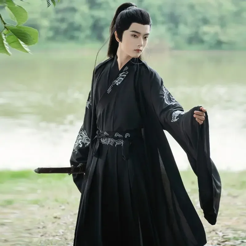 Large Size 3XL Chinese Hanfu Men Carnival Archers Cosplay Costume  Ancient Hanfu Black Shirt+Skirt+Coat Set For Men Plus Size