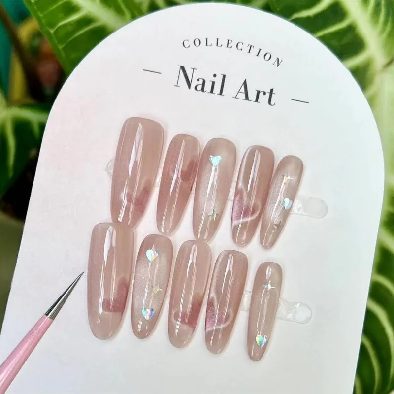 Handmade Self-adhesive Press Nails Love Heart Cat Eyes Nail Tips Sweet Cute False Nails Long Press on Nails with Box and Tools