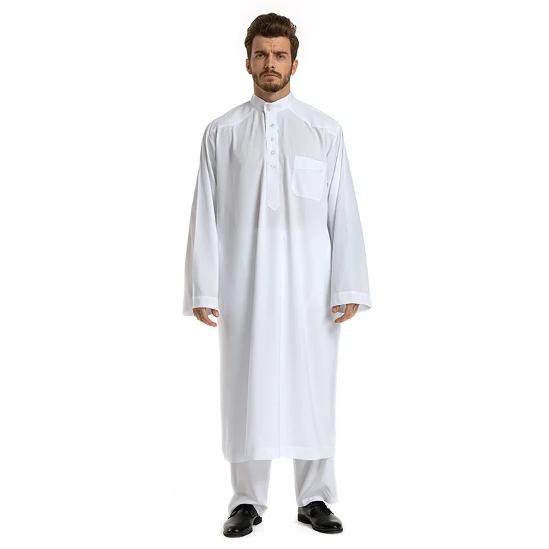 2PCS Saudi Mens Thoub Jubba Abaya Muslim Arabic Robe Pant Dubai Thobe Kaftan Dress Dishdasha Turkey Caftan Suit Islamic Clothing