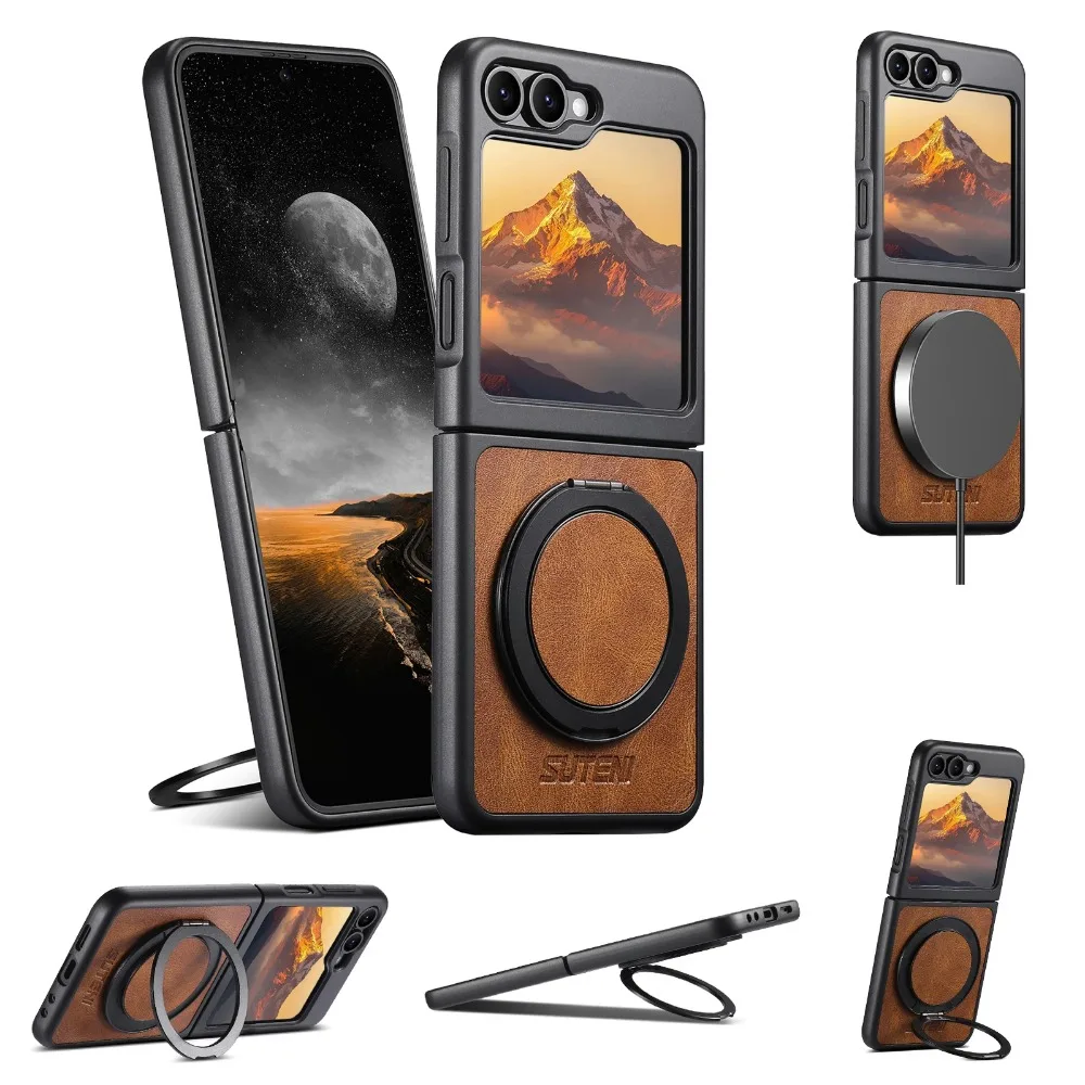Higth Quality Busine Sle Magnetic Wireless Charging Phone Case for Samsung Galaxy Z Flip7 6 5 360° Rotating Holder Leather Cover