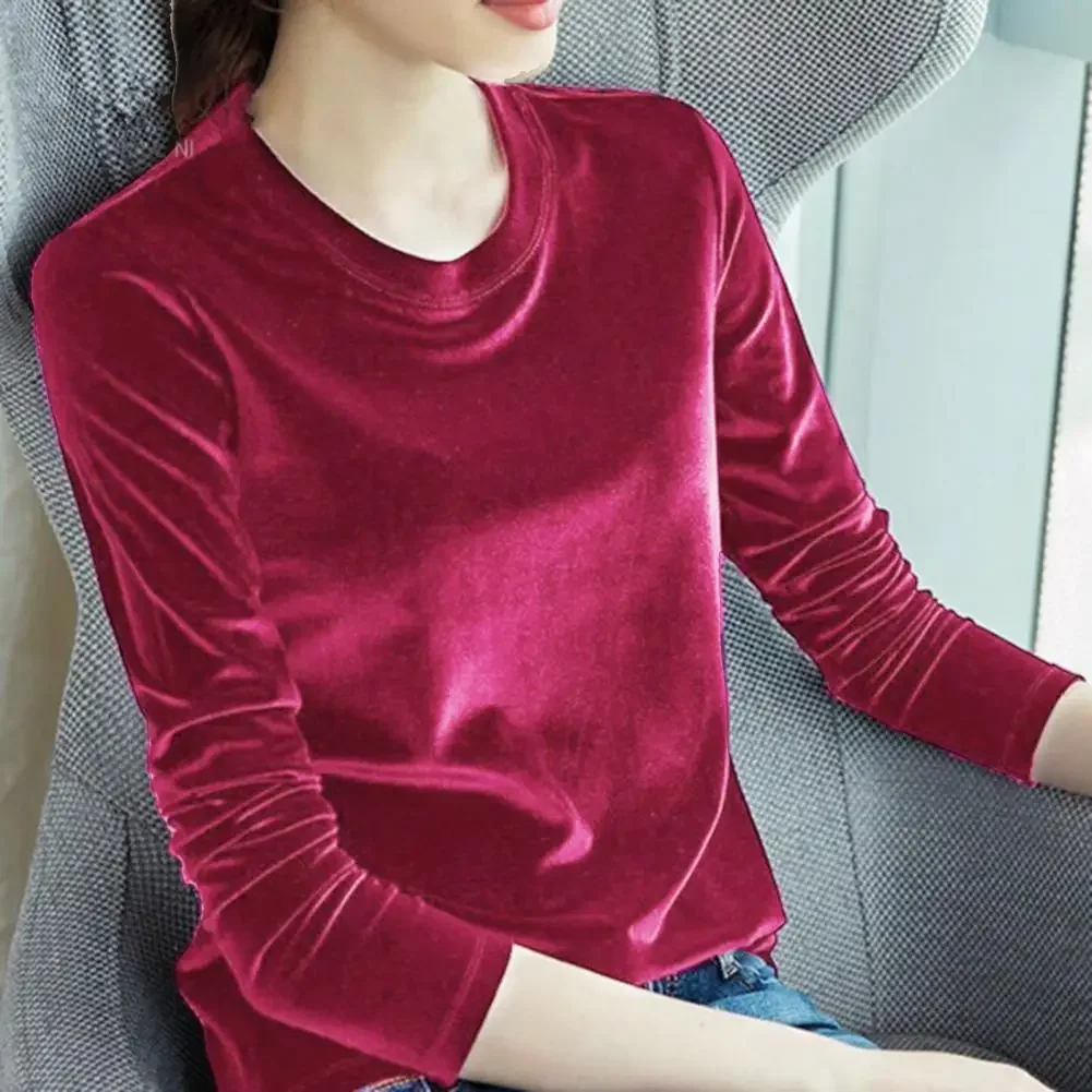 Velvet Women Blouse O-Neck Long Sleeve Plush Women Blouse Chic Bright Surface T-shirt Bottoming Shirt Lady Autumn Undershirt Top