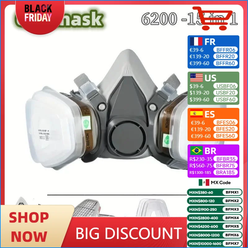 New 7in1/16in1 6200 Dust Gas Respirator Half Face Dust Mask For Painting Spraying Organic Vapor Chemical Gas Filter Work Safety