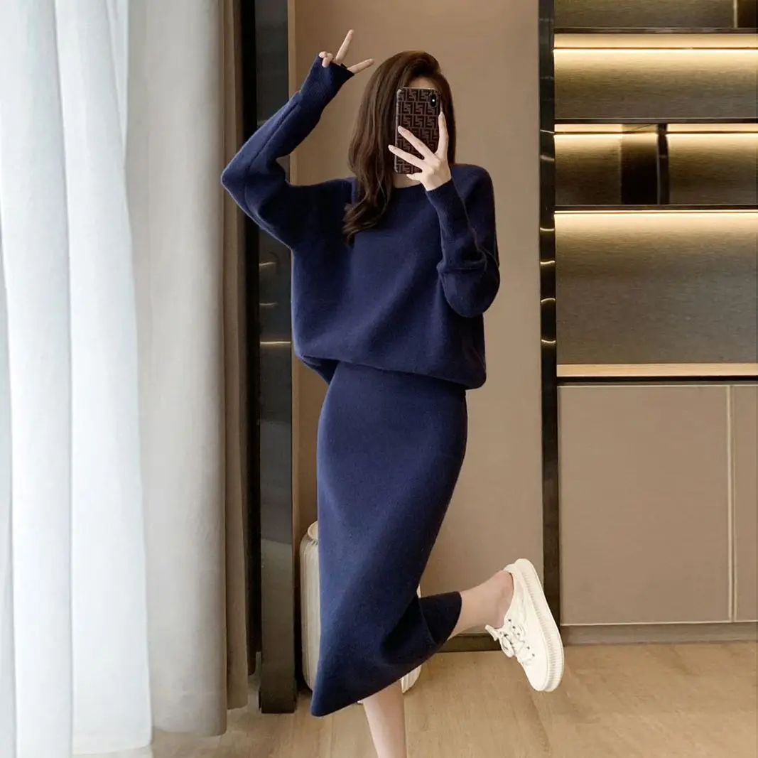 Autumn and Winter Bat Sleeves Pullover Sweater Women\'s Knitted Sweater Two-piece Set Half Skirt Slim Fit Slit Over Knee Skirt