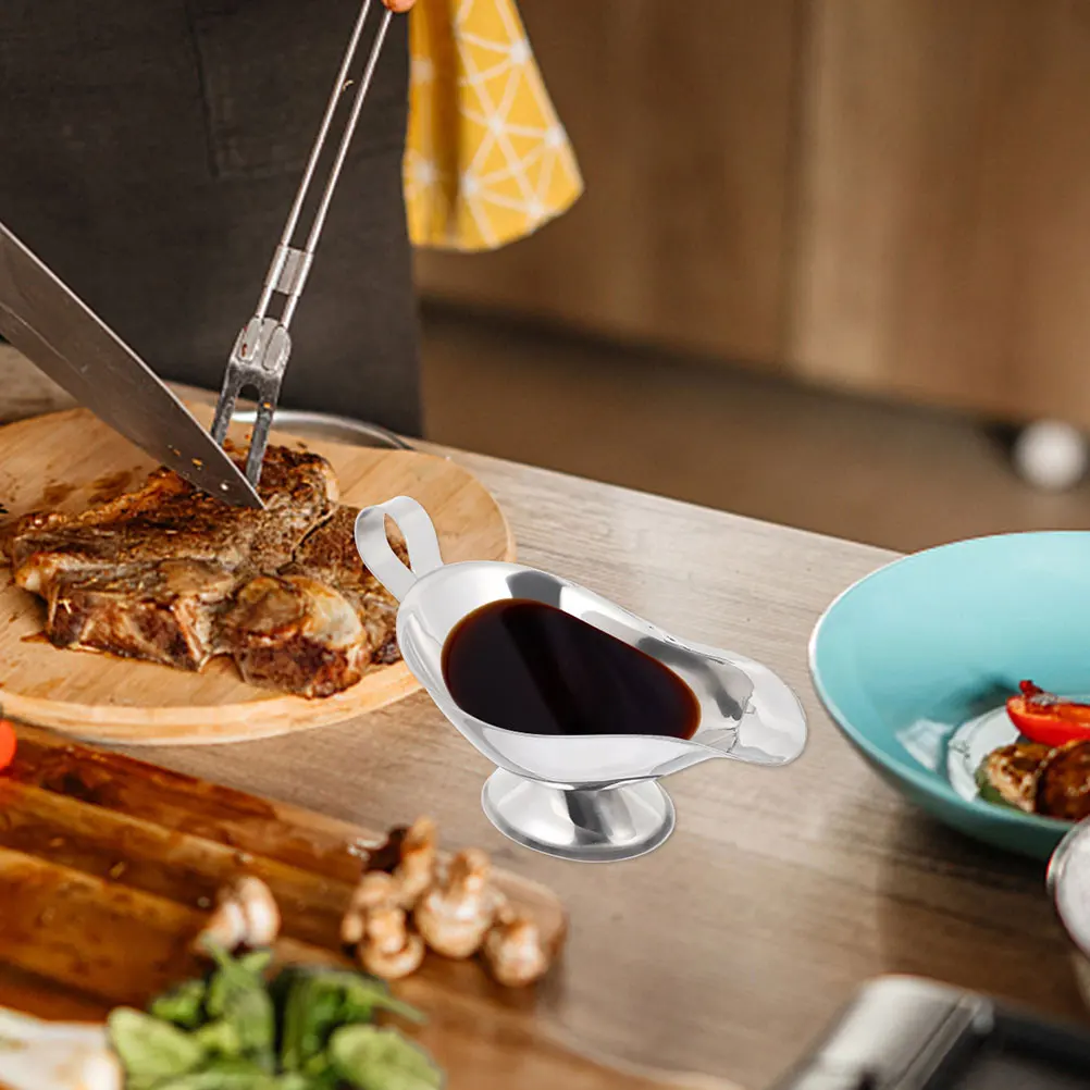 

2pcs Stainless Steel Gravy Boat Large Metal Spout Drip-Free Serving Dish for Salad Dressing Sauce Condiments