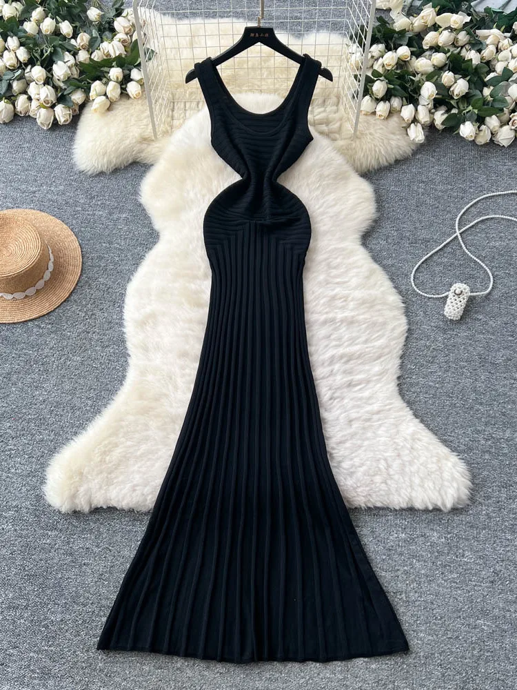 우아한 미니멀리스트 니트 드레스 여성 슬리밍 여름 섹시한 롱 스커트 하이 웨이스트 a 라인 반소매 오버 헤드 한국 스타일