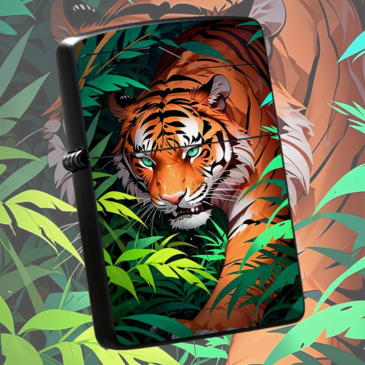 Anime Style Fierce Stalking Tiger Lighter, Vivid Orange Striped Tiger With Emerald Green Eyes Hidden In Lush Jungle Foliage Pattern, Exquisite Portable Decor Accessory For Daily Use, Outdoor Camping, Gifting To Friends A Humorous And Intere
