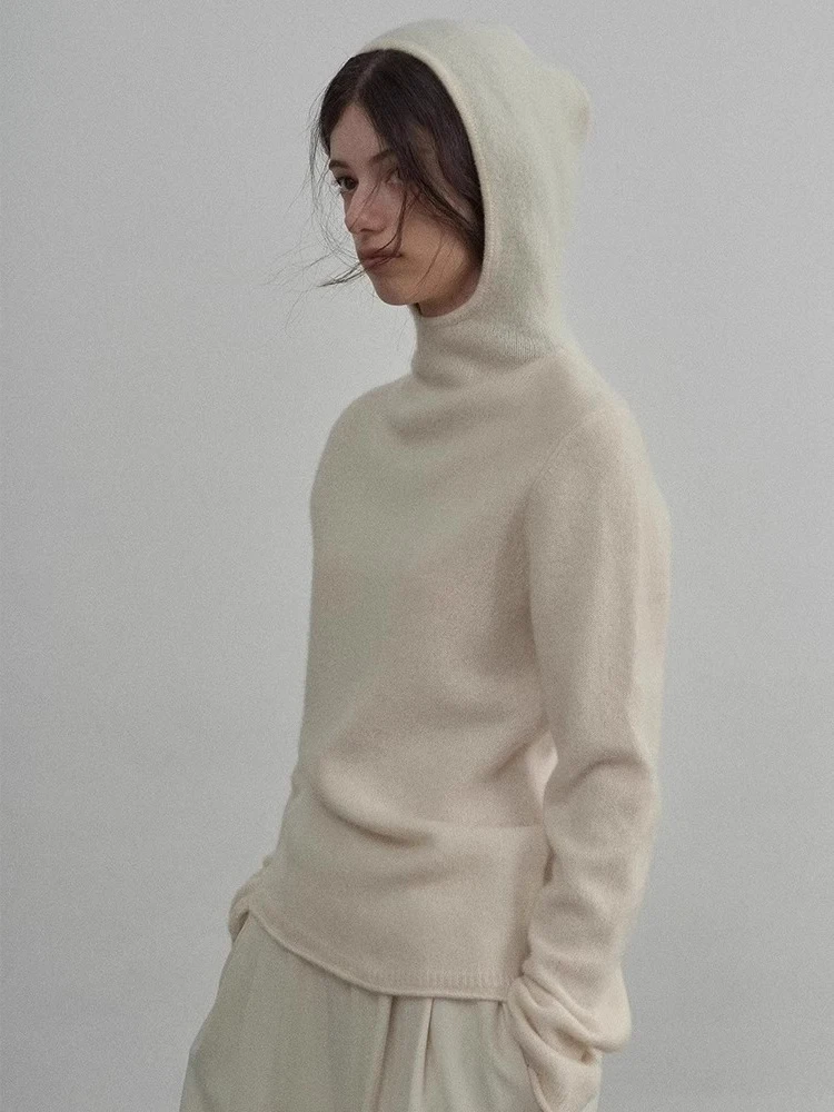 هودي صوفي أبيض أنيق للنساء، طبقة أساسية للخريف والشتاء، ملابس داخلية مريحة بأكمام طويلة ولون موحد