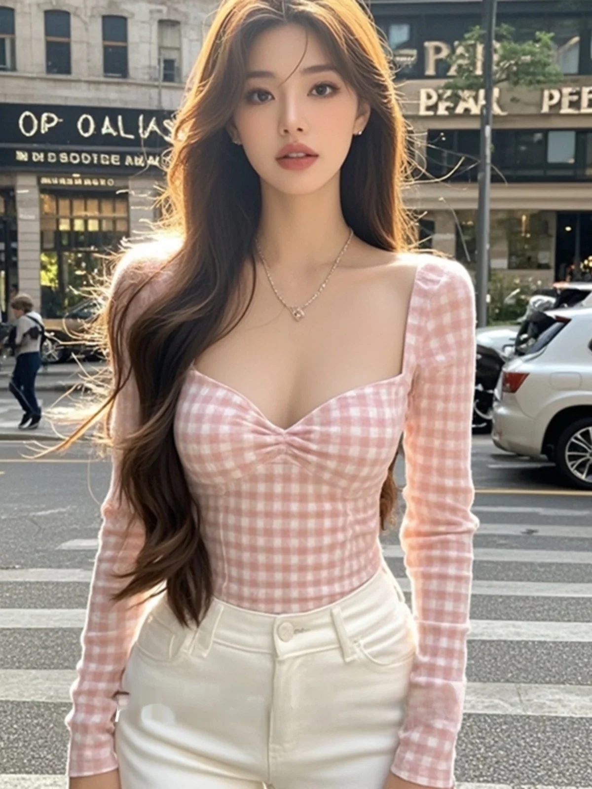 

Plus Size Slim Fit Plaid Long Sve Square Collar Base irt Women's Spring Design Sense Small ence Pure Desire Hot Girl Pink