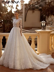 Modest Long Sleeve Wedding Dress Sparkly Sequins Appliques Bride Robe Graceful A-line Lace Long Bridal Gown Robe De Mariée