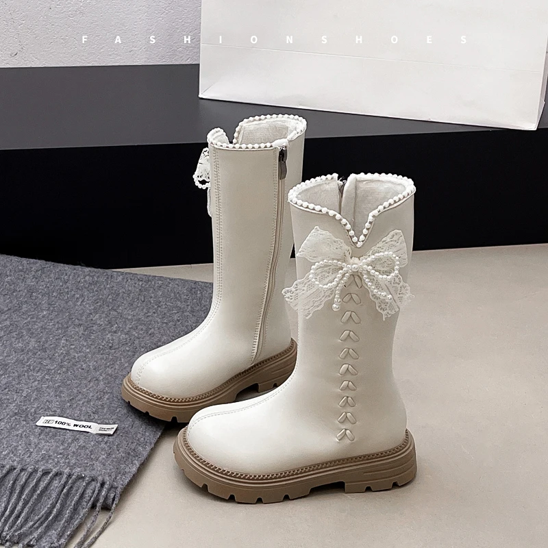 

Winter Girls' Boots 3-18 Years Old Beige Bow Pearl Princess Shoes Black Lightweight Non-slip Children's High Leather Boots Shoes