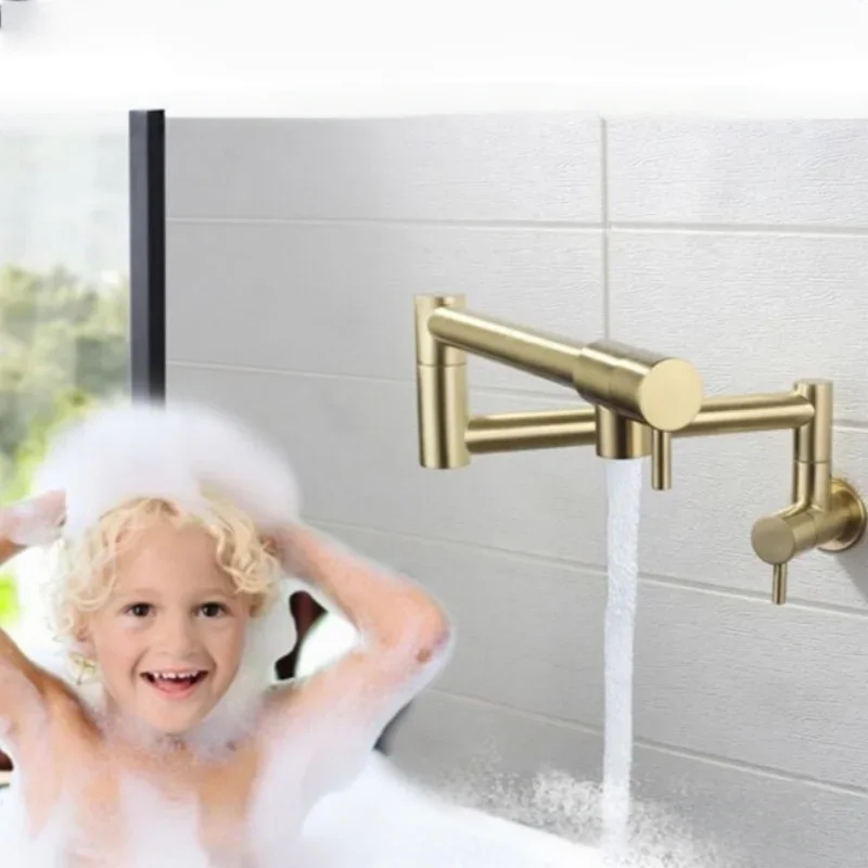 Nickel Pot Filler Tap Wall Mounted Foldable Kitchen Faucet Single Cold Black Sink Tap Rotating Folding Spout Brushed Gold