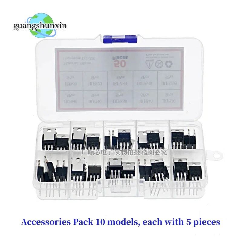 50pcs 10 Types Mosfet Transistors Assortment Kit IRF640 IRF740 IRF830 IRF840 IRF530 IRF630 IRF820 IRFZ44 IRF9540 IRF3205 Series