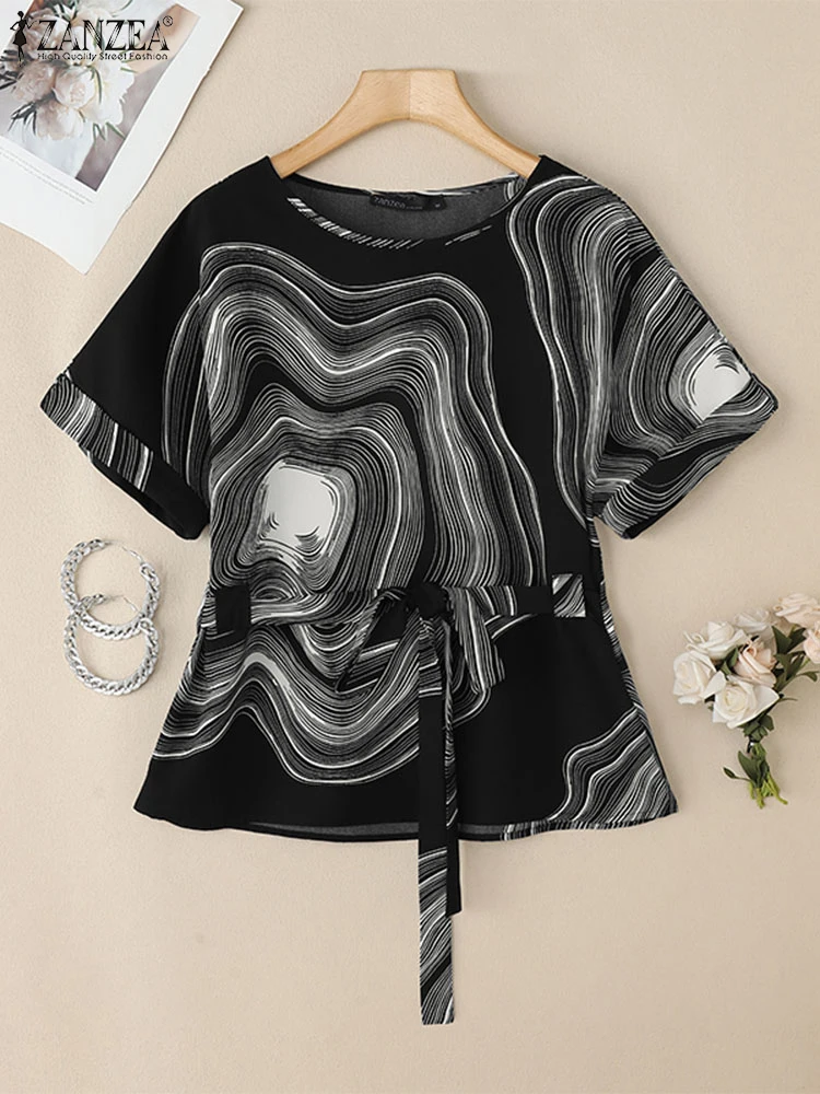 

ZANZEA Elegant Women Office Shirts 2025 Short Sleeve Printing Blouse Female O Neck Pullover Casual Tunic Loose Summer Blusas