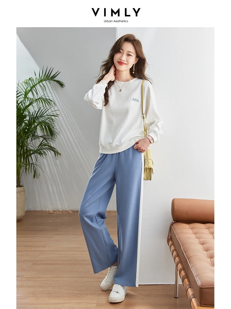 Vimly Loose Fit White Sweatshirt Tracksuit Two Piece Sets for Women 2023 Autumn Casual Outfits Elastic Waist Wide Sweat Pants