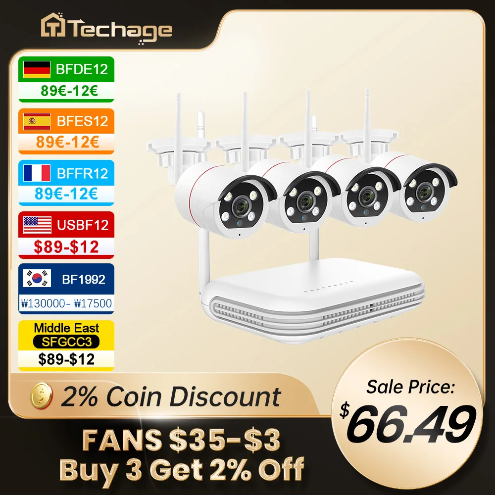 Techage 4CH HD 5MP Wireless Security Camera System Face Detect IP66 WIFI CCTV Record Video Surveillance Protection Kit H.265 P2P