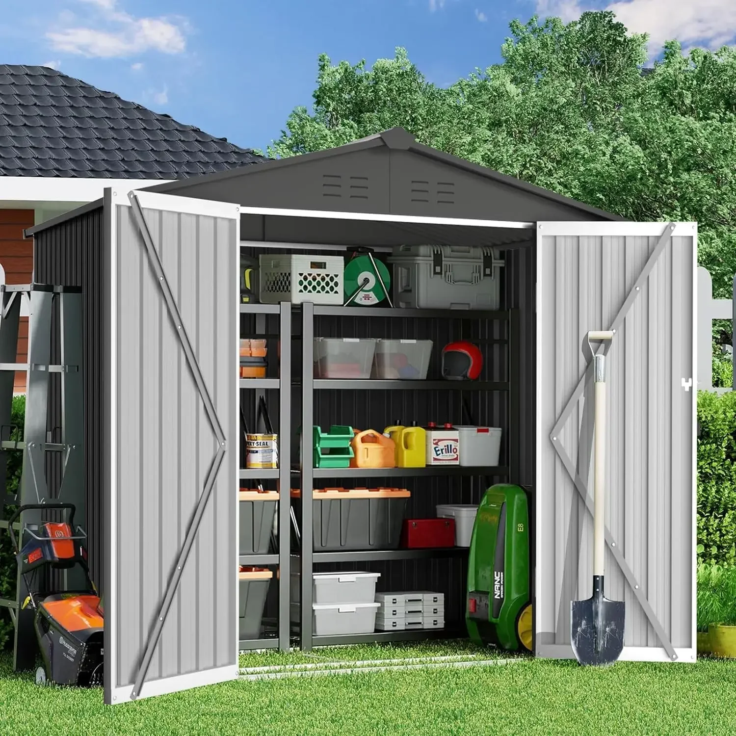 6X8 FT Outdoor Storage Shed, Steel Tool Sheds Storage House with Sliding Door, Metal Storage Cabinet for Garden Patio Lawn(Grey)