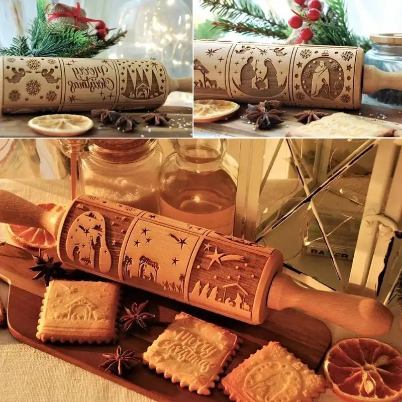 L9NB Engraved Rolling Pin with Nativity Christ Theme Pattern Kitchen DIY Tool for Kid
