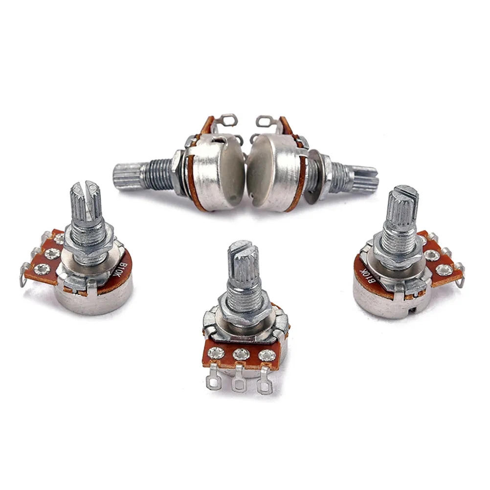 

5 шт. аудиопотенциометров B10k, полноразмерные, с длинным рифленым разъемным валом, грубый вал, замена, идеально подходят для гитары и баса, низкое трение