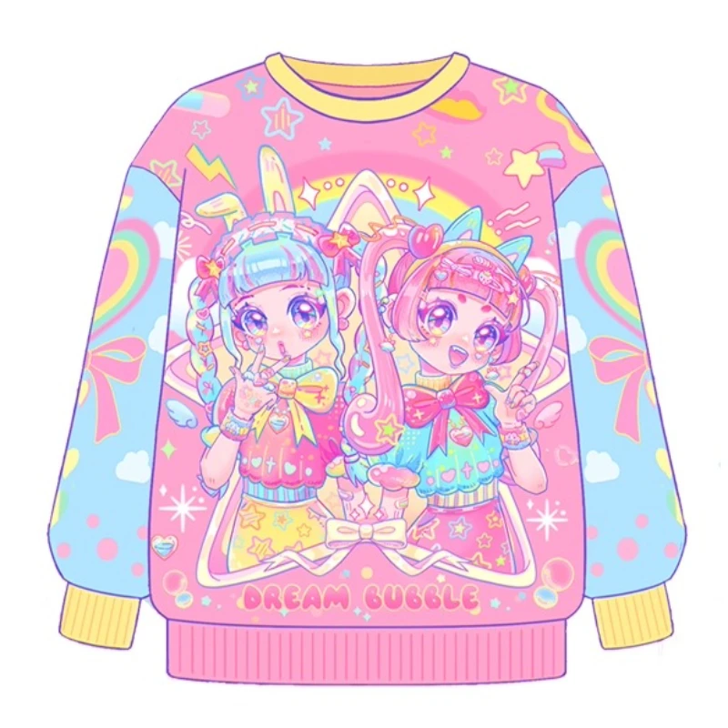 Design originale giapponese colorato cartone animato anime stampa pullover lunghi da donna autunno dolce fresco versatile felpa dimagrante