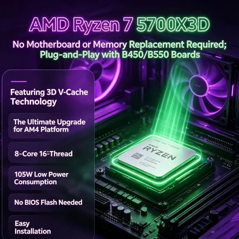 AMD Ryzen 7 5700X3D Processor 1080p high refresh rate gaming build 8 Core 16 Thread 96MB 3D V-Cache AM4 DDR4